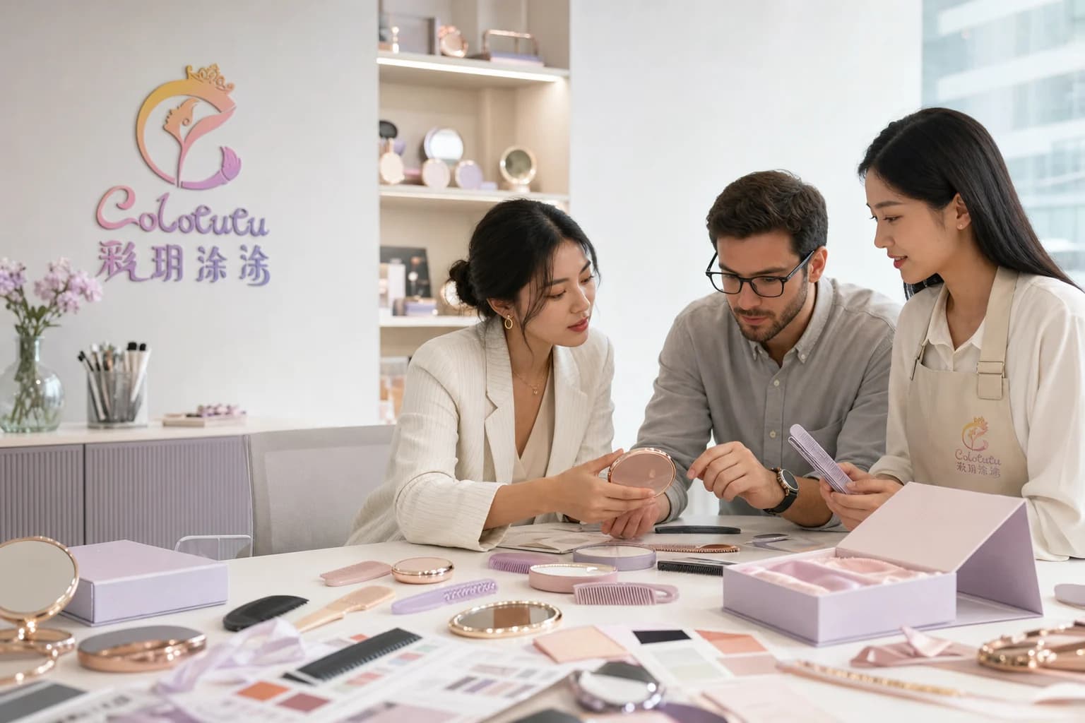 Colotutu product-development team reviewing mirror and comb gift-set samples