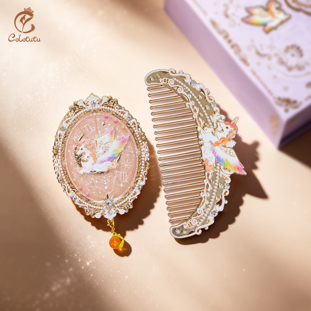 Gilded Gold Colotutu Earth Sign unicorn mirror and comb gift set