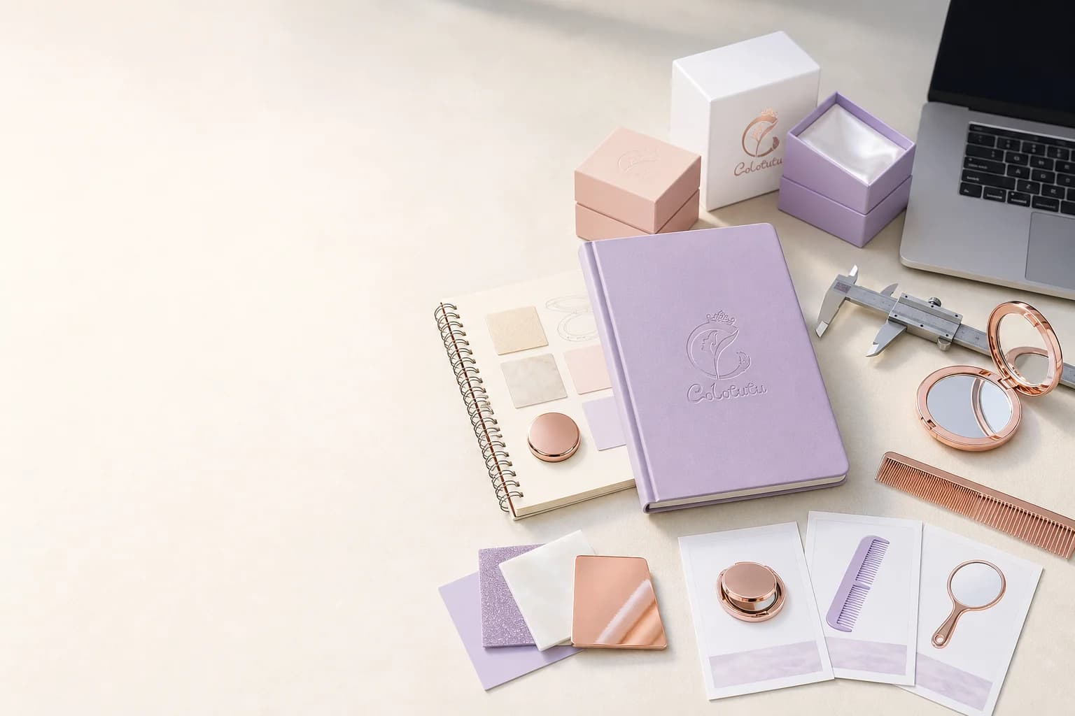 Colotutu beauty-tool sourcing desk with compact mirror, caliper and material samples