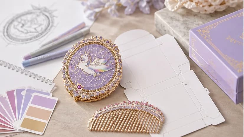 Custom mirror and comb gift set development desk with color swatches and packaging dieline