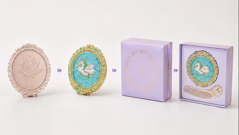 Progressive stages of custom beauty gift set sampling