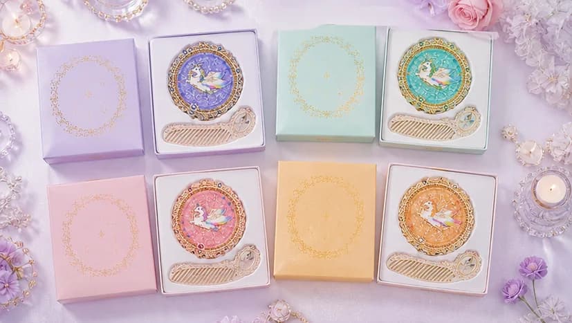 Beauty gift set variants arranged by color and packaging