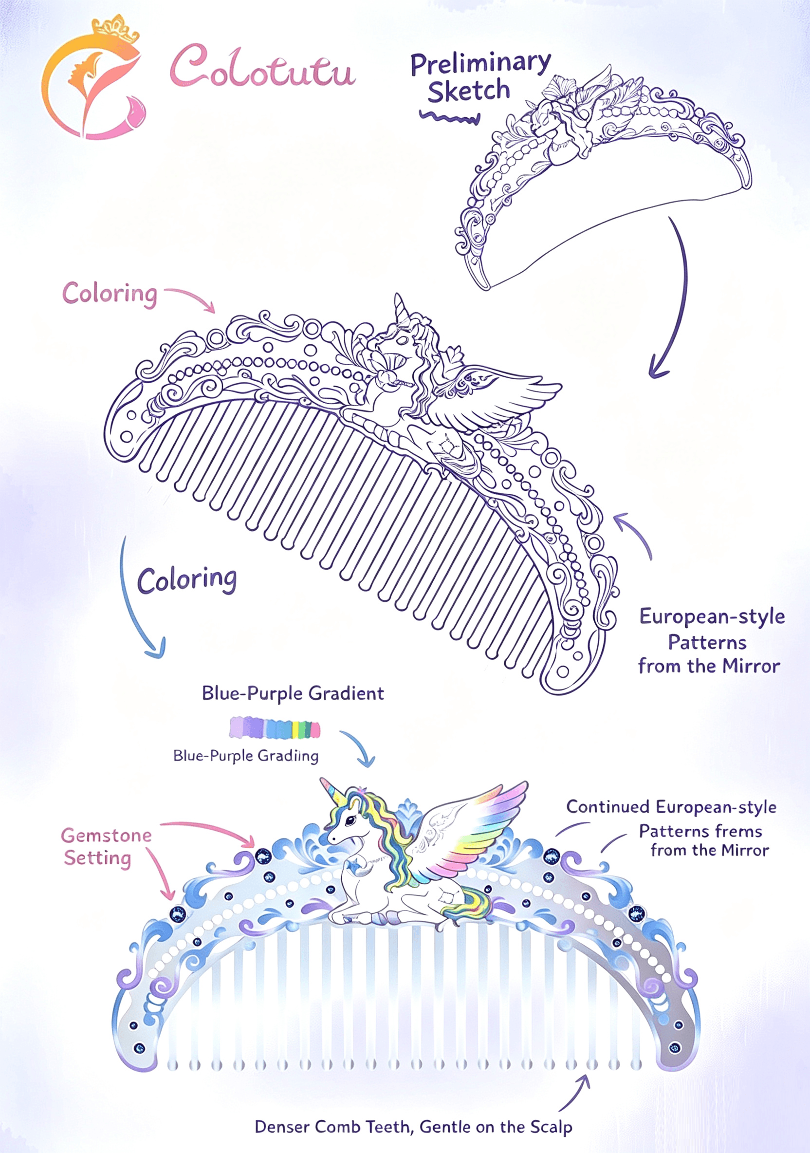 Unicorn comb design evolving from sketch to color concept