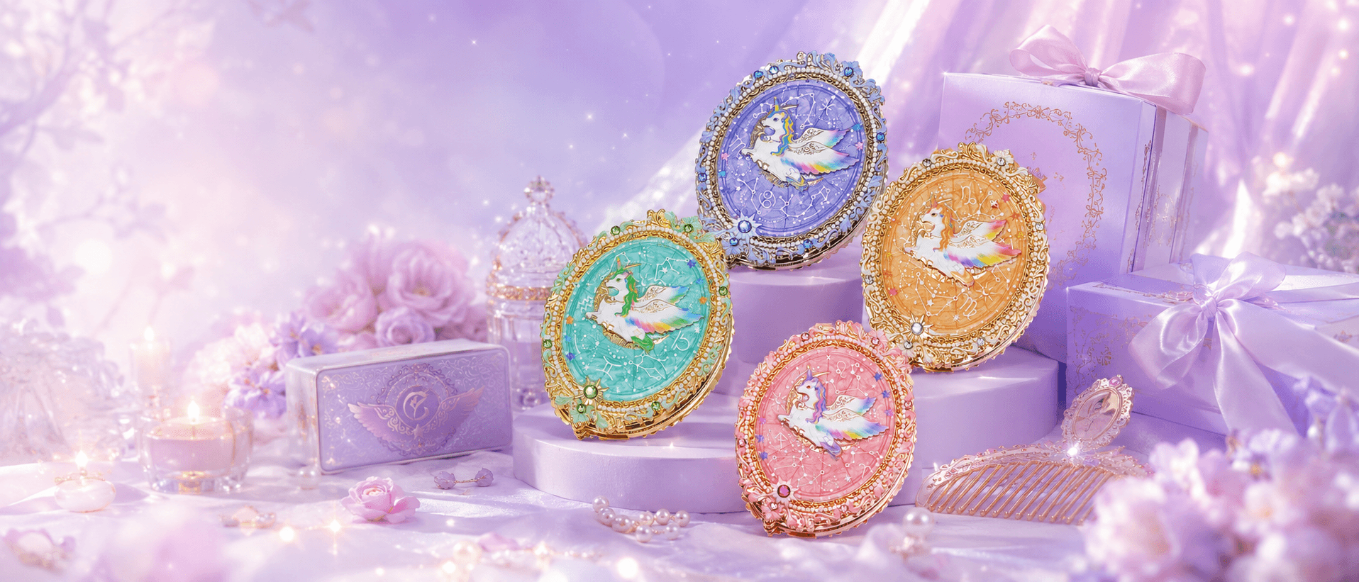 Four Colotutu zodiac compact mirrors displayed with coordinated gift boxes and comb