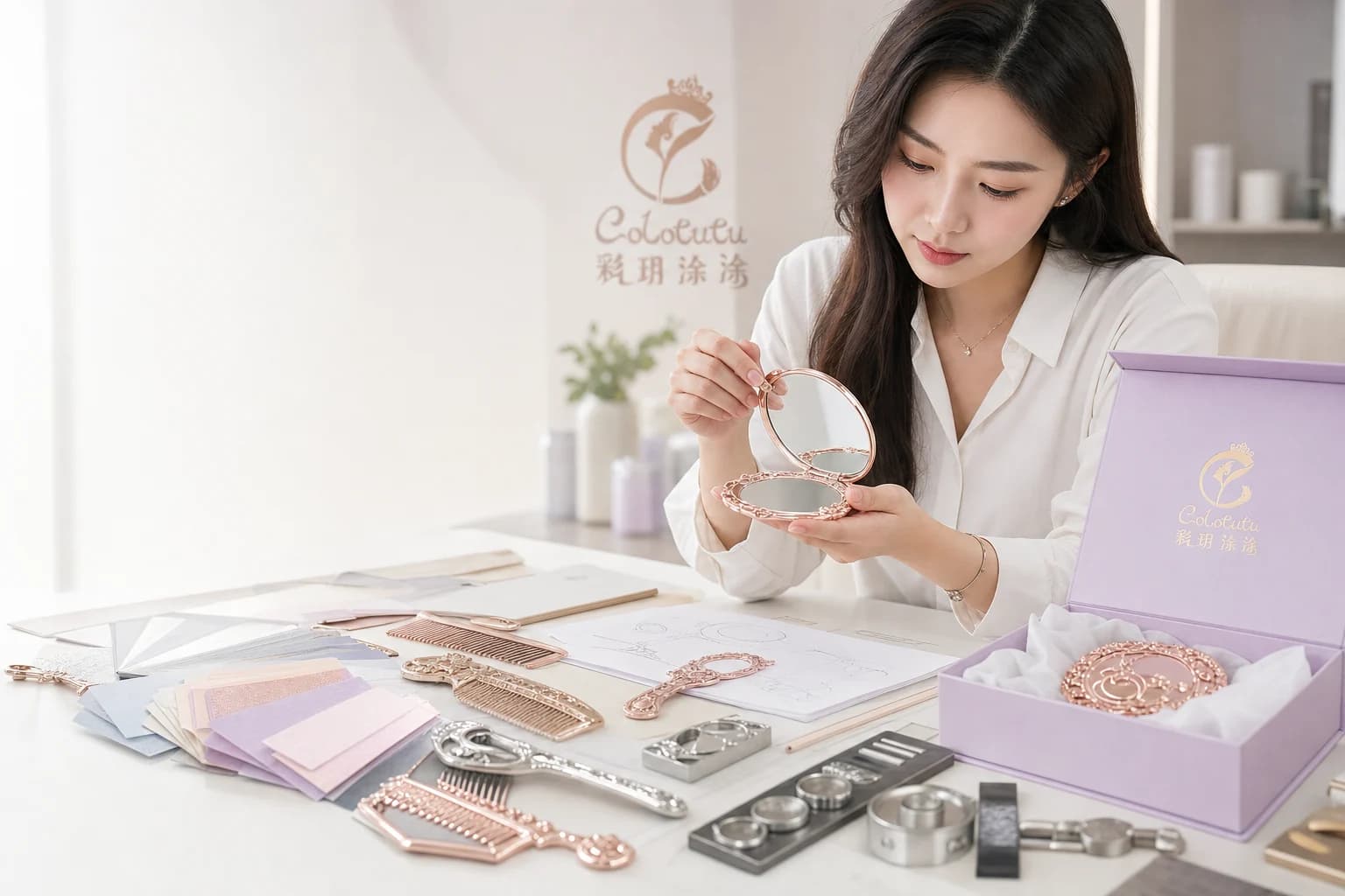 Colotutu product engineer reviewing a custom compact mirror