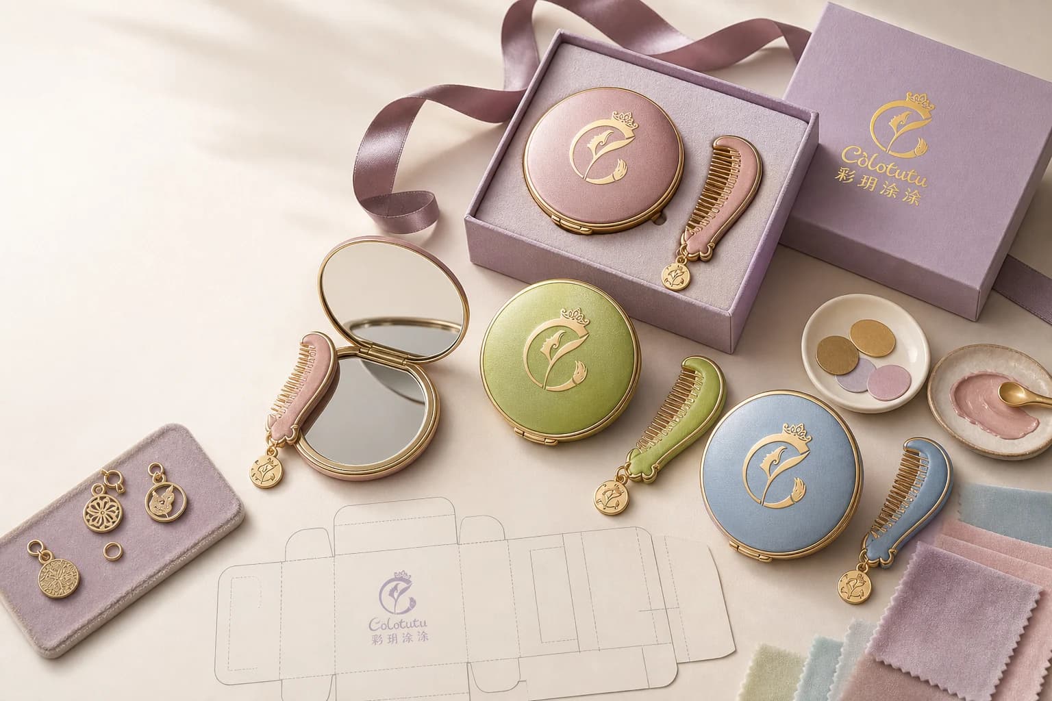 Colotutu mirror and comb gift-set concepts with packaging and finish swatches
