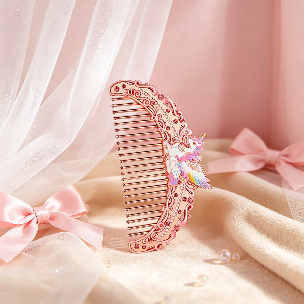 Fire Sign unicorn comb displayed in a rose pink lifestyle setting