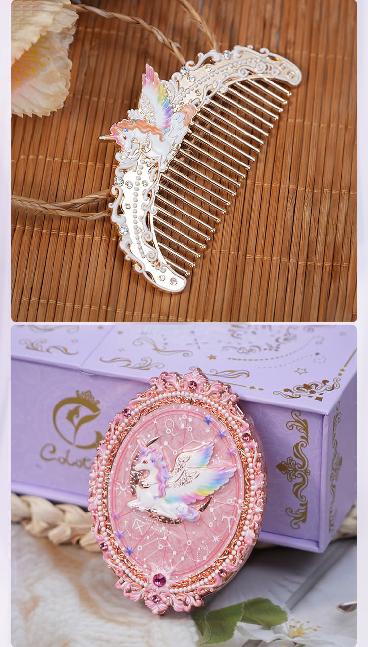 Custom unicorn mirror and comb packaging presentation