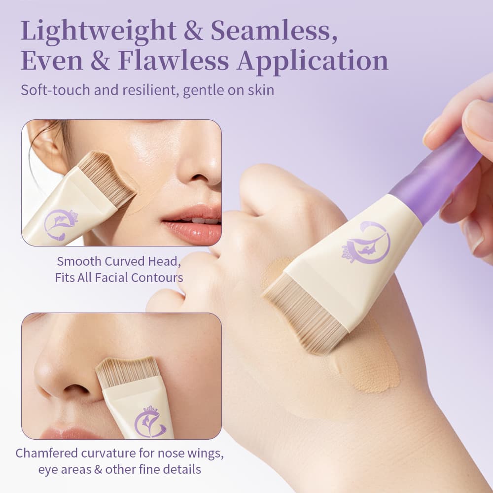 Curved foundation brush applying liquid foundation to facial contours